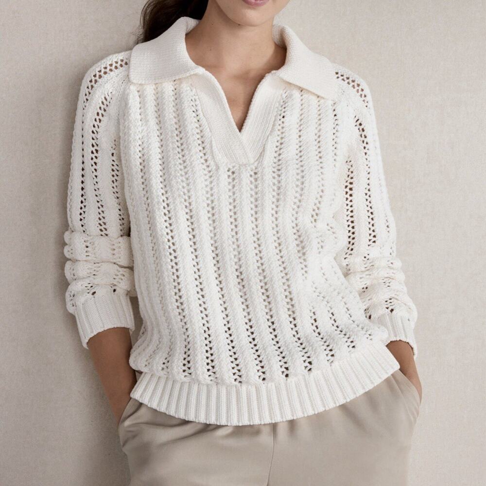 Haven Well Within Open Stitch Johnny Collar Cotton Blend Knit Sweater White